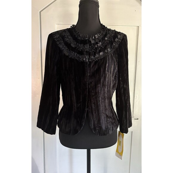 VTG Clues Collection Black Velvet Edwardian Victorian Ruffle Cropped Jacket Sz 6 - Picture 1 of 12